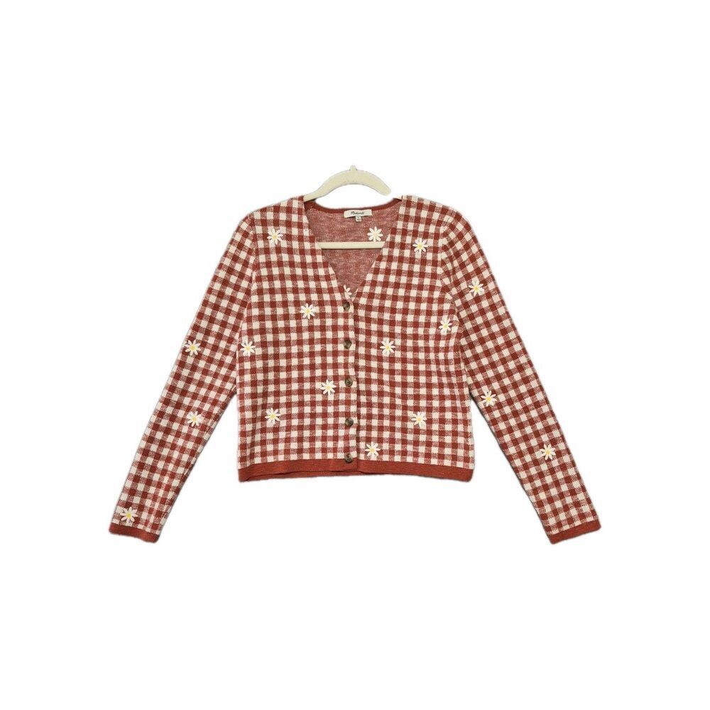 Madewell Women's Cotton Blend Russet Daisy Embroidered Gingham Cardigan Sweater